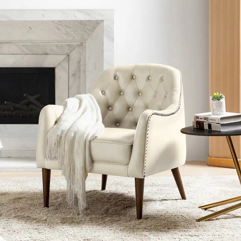 Fauteuil tonneau Melisa Classic en cuir véritable avec pieds en bois et dossier capitonné de HULALA HOME