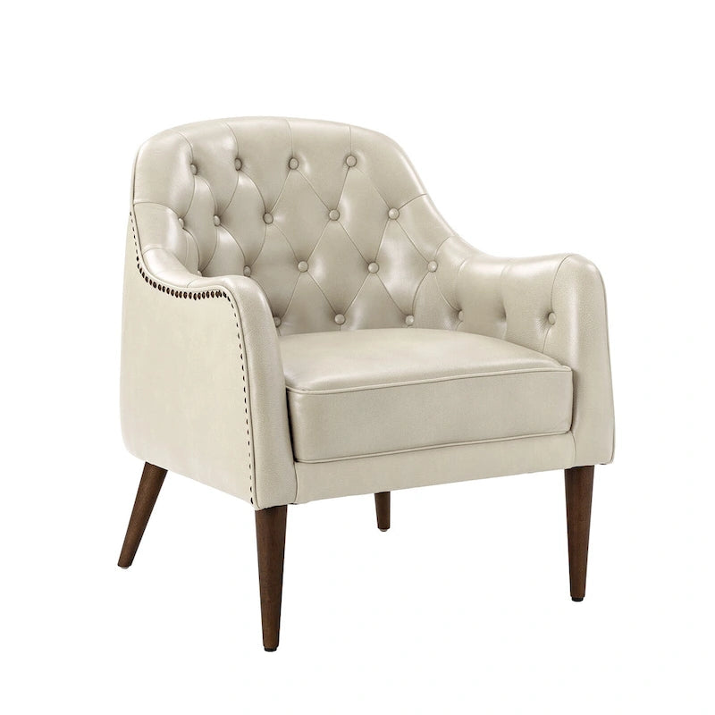 Fauteuil tonneau Melisa Classic en cuir véritable avec pieds en bois et dossier capitonné de HULALA HOME