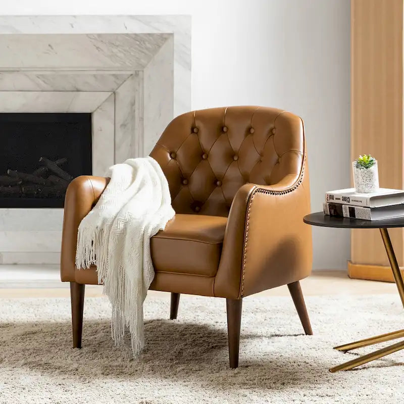 Fauteuil tonneau Melisa Classic en cuir véritable avec pieds en bois et dossier capitonné de HULALA HOME