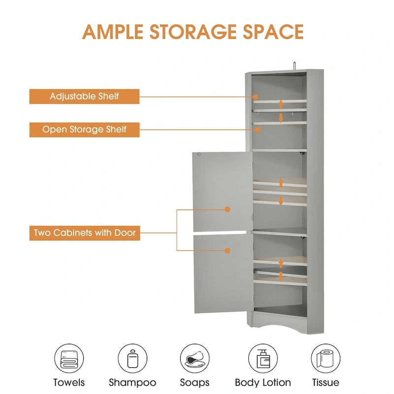 Meuble d'angle de salle de bain haut et autoportant Merax avec étagères réglables