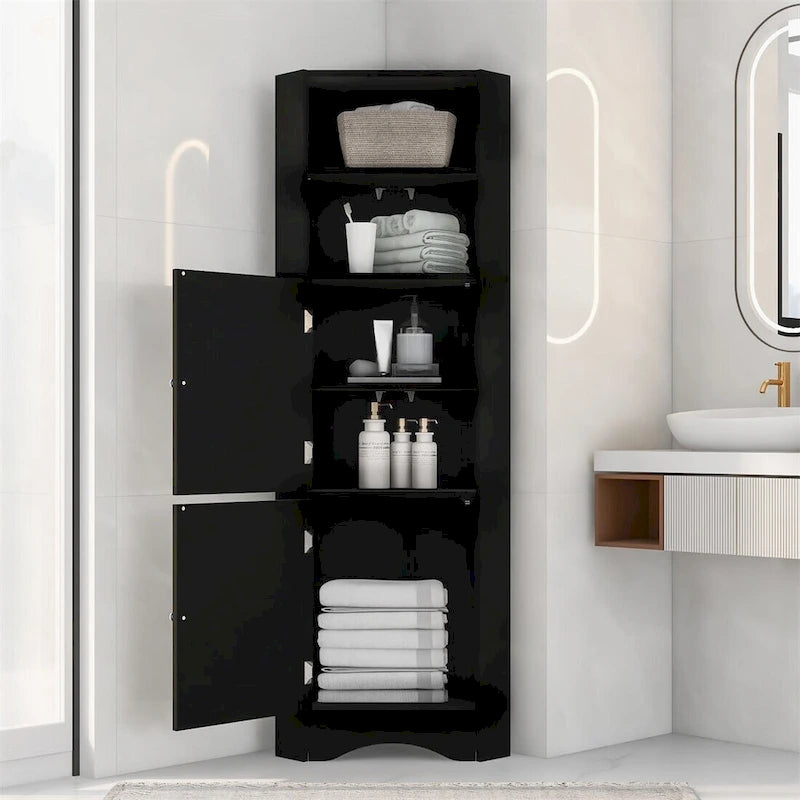 Meuble d'angle de salle de bain haut et autoportant Merax avec étagères réglables