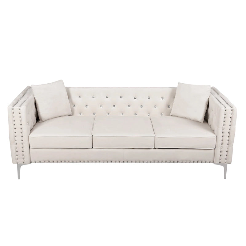 82.3 Largeur Canapé moderne en velours Boutons bijoux Accoudoir carré capitonné, 2 oreillers inclus, Beige, 4 couleurs