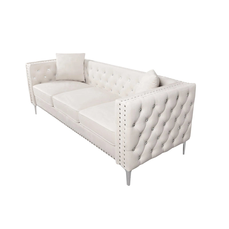 82.3 Largeur Canapé moderne en velours Boutons bijoux Accoudoir carré capitonné, 2 oreillers inclus, Beige, 4 couleurs