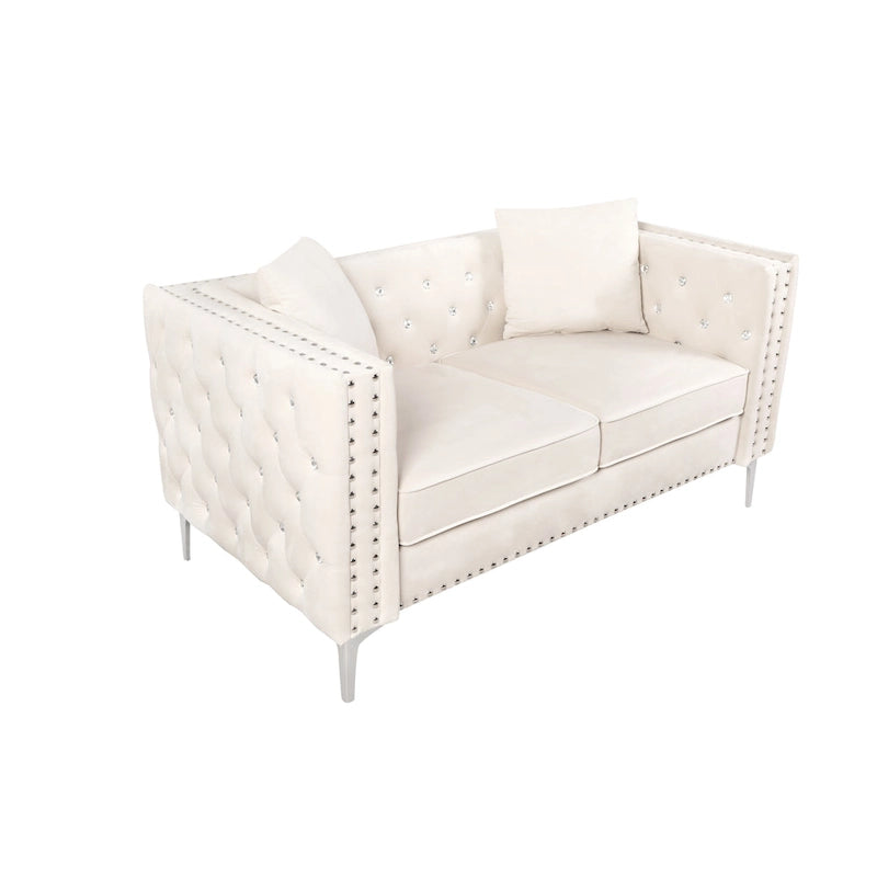 82.3 Largeur Canapé moderne en velours Boutons bijoux Accoudoir carré capitonné, 2 oreillers inclus, Beige, 4 couleurs