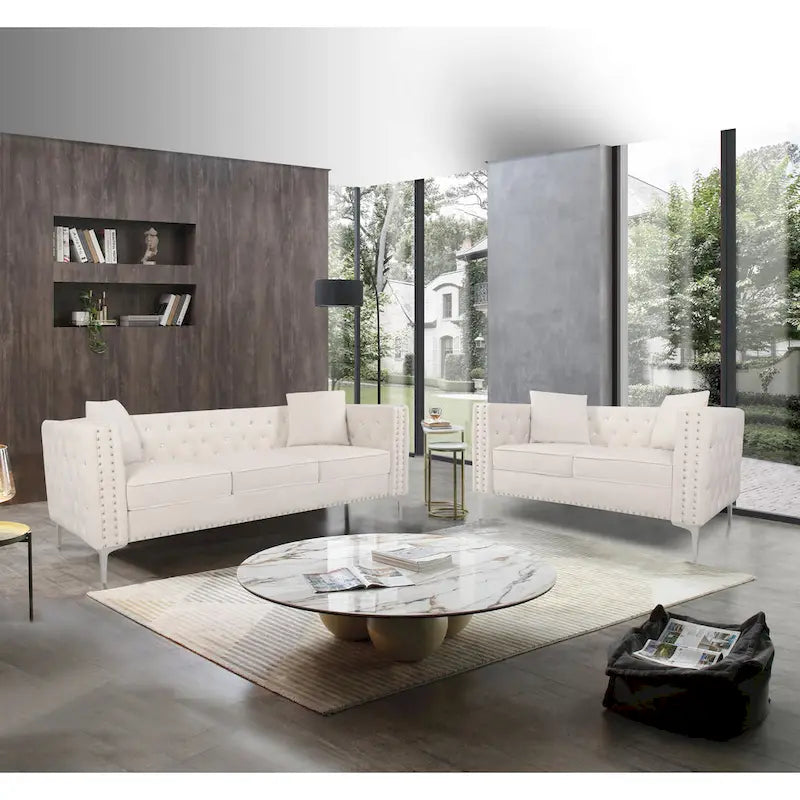 82.3 Largeur Canapé moderne en velours Boutons bijoux Accoudoir carré capitonné, 2 oreillers inclus, Beige, 4 couleurs