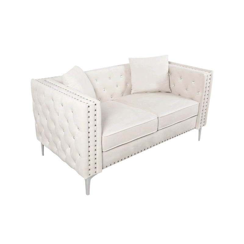 82.3 Largeur Canapé moderne en velours Boutons bijoux Accoudoir carré capitonné, 2 oreillers inclus, Beige, 4 couleurs