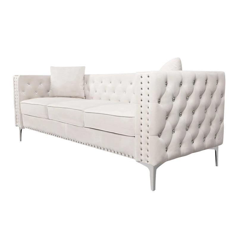 82.3 Largeur Canapé moderne en velours Boutons bijoux Accoudoir carré capitonné, 2 oreillers inclus, Beige, 4 couleurs
