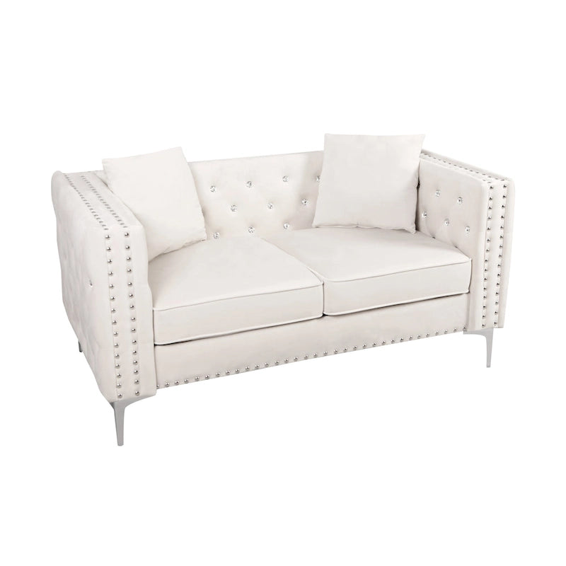 82.3 Largeur Canapé moderne en velours Boutons bijoux Accoudoir carré capitonné, 2 oreillers inclus, Beige, 4 couleurs