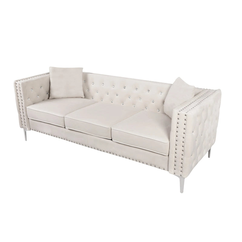 82.3 Largeur Canapé moderne en velours Boutons bijoux Accoudoir carré capitonné, 2 oreillers inclus, Beige, 4 couleurs