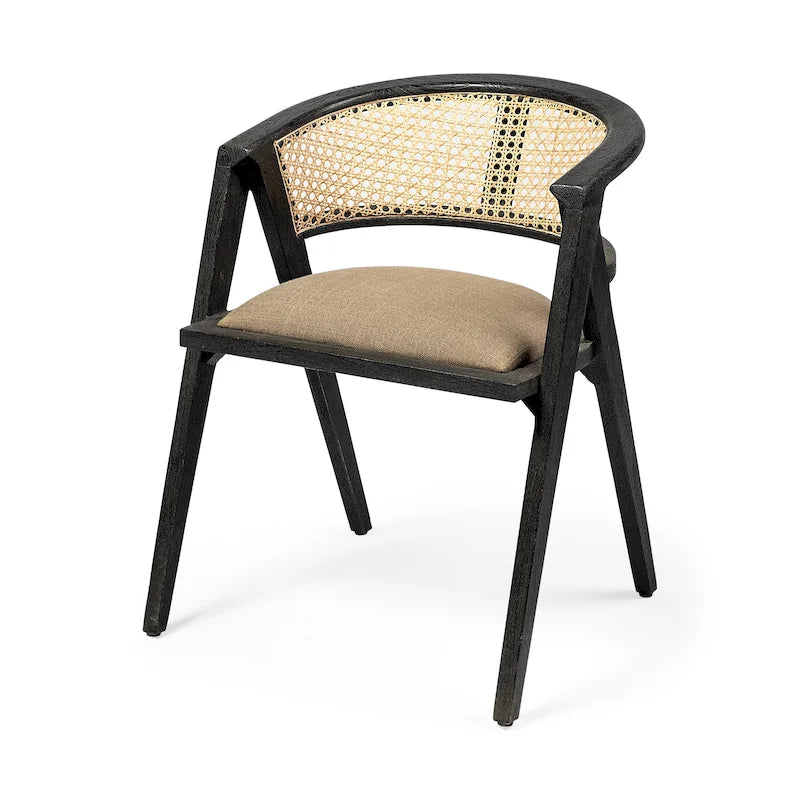 Chaise de salle à manger Tabitha en tissu beige avec cadre en bois massif noir et dossier en cannage - 22,5L x 20,0l x 29,0H