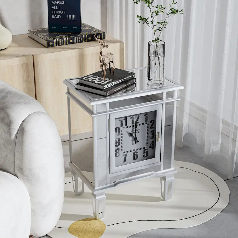 Table d'appoint miroir avec horloge, table de chevet, pour salon, argenté - 19x13x25