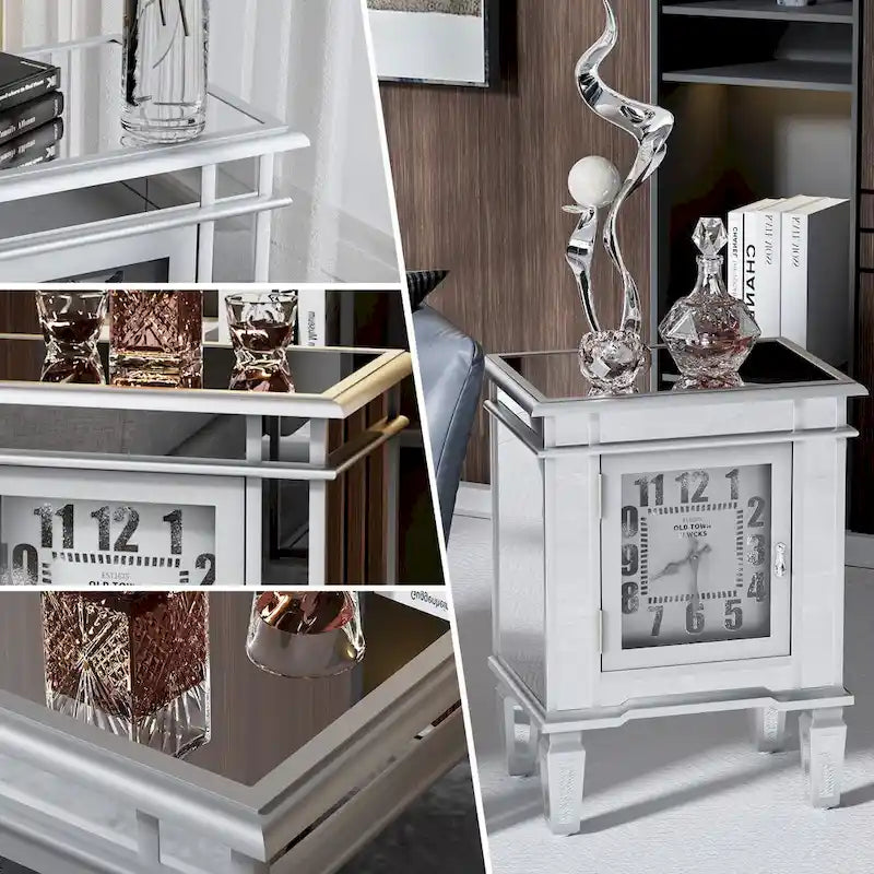 Table d'appoint miroir avec horloge, table de chevet, pour salon, argenté - 19x13x25