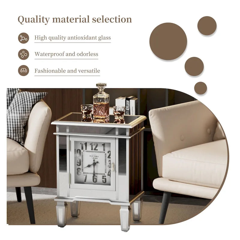 Table d'appoint miroir avec horloge, table de chevet, pour salon, argenté - 19x13x25