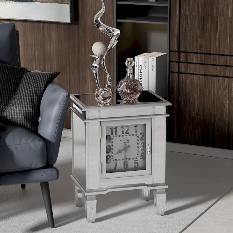 Table d'appoint miroir avec horloge, table de chevet, pour salon, argenté - 19x13x25