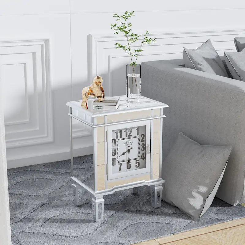 Table d'appoint miroir avec horloge, table de chevet, pour salon, argenté - 19x13x25