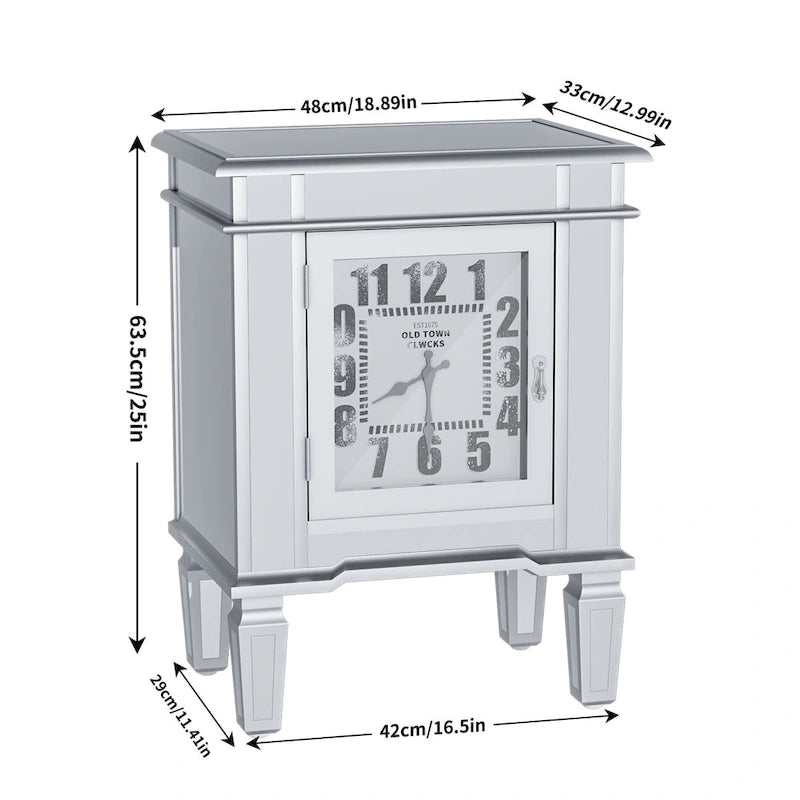 Table d'appoint miroir avec horloge, table de chevet, pour salon, argenté - 19x13x25