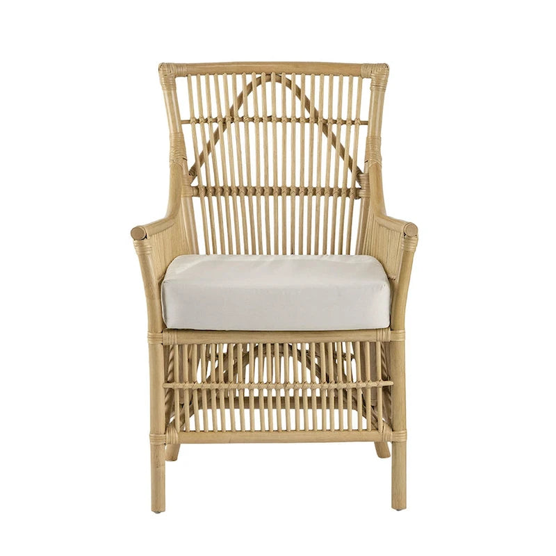 Fauteuil de salle à manger en rotin de 23 pouces, assise rembourrée en tissu blanc, marron naturel