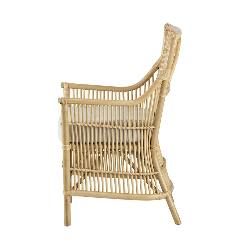 Fauteuil de salle à manger en rotin de 23 pouces, assise rembourrée en tissu blanc, marron naturel