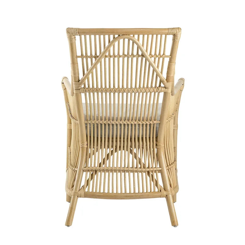Fauteuil de salle à manger en rotin de 23 pouces, assise rembourrée en tissu blanc, marron naturel