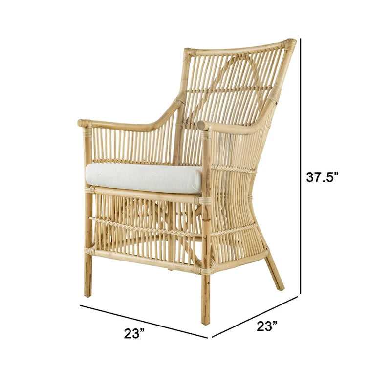 Fauteuil de salle à manger en rotin de 23 pouces, assise rembourrée en tissu blanc, marron naturel