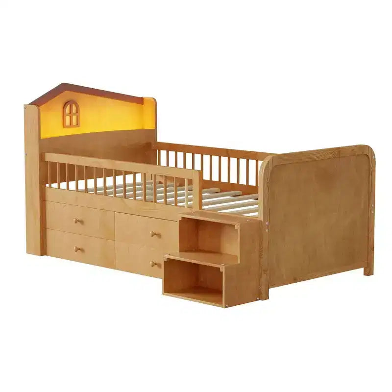 Lit mezzanine bas Whisen avec lumières LED, tête de lit en forme de maison et tiroirs de rangement, construction robuste