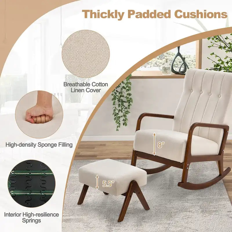 Costway Fauteuil à Bascule avec Repose-Pieds Tissu Rembourré - Voir Détails