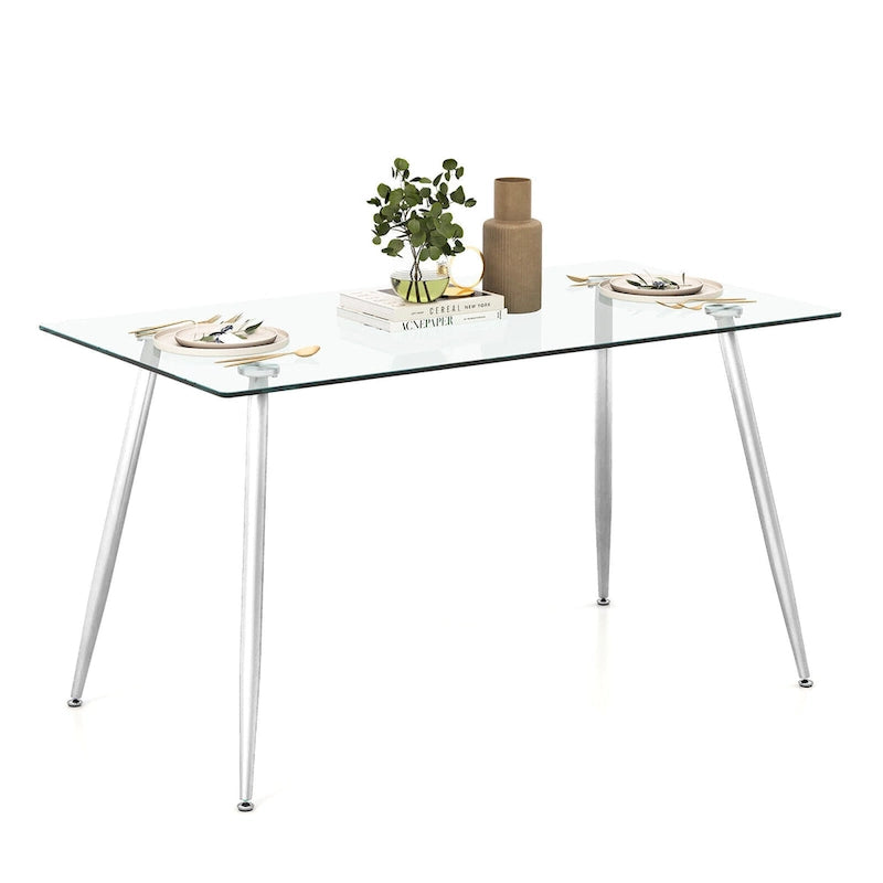 Gymax Table à manger moderne en verre rectangulaire avec métal