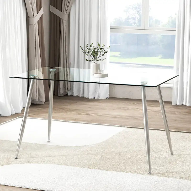 Gymax Table à manger moderne en verre rectangulaire avec métal