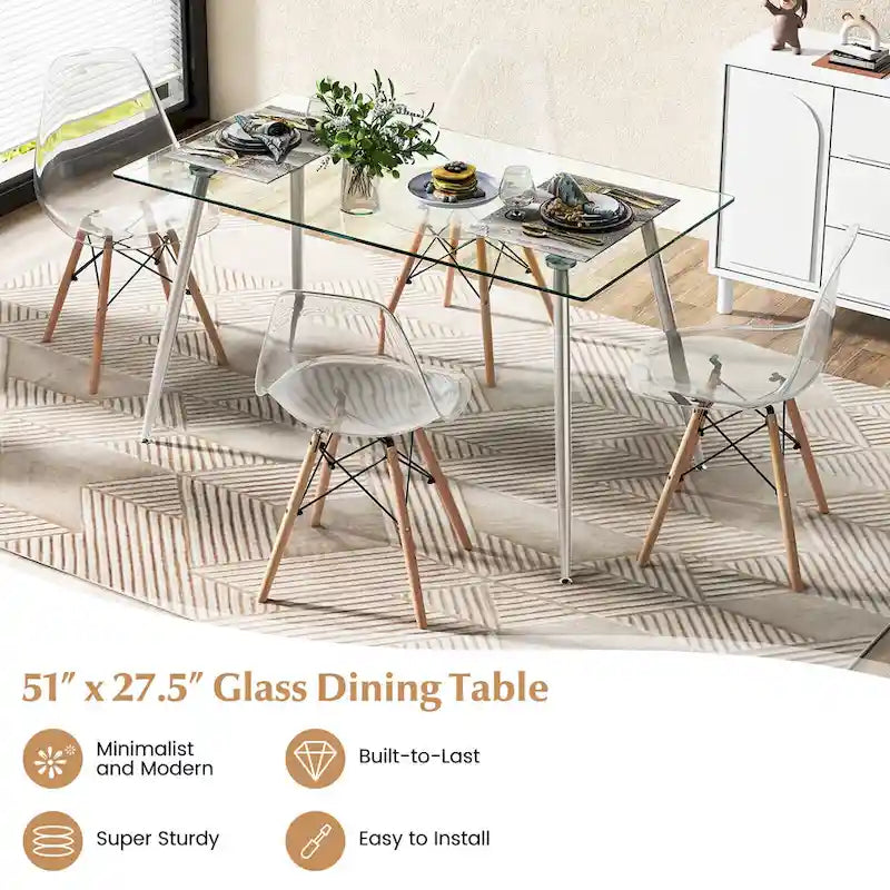 Gymax Table à manger moderne en verre rectangulaire avec métal