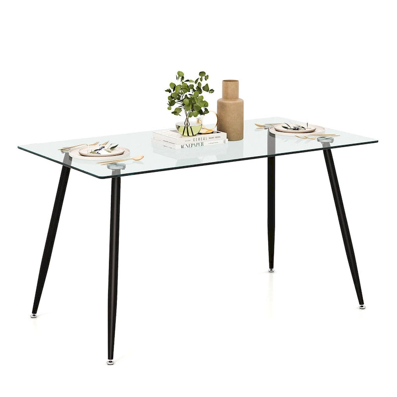 Gymax Table à manger moderne en verre rectangulaire avec métal