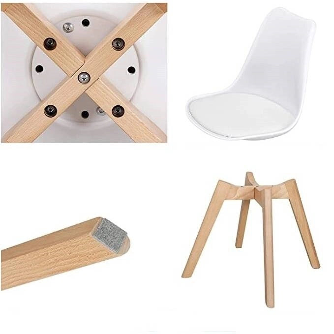 Lot de 4 chaises de salle à manger modernes blanches, dossier en coque, assise rembourrée en tissu, pieds en bois de hêtre - 48 cm L x 53 cm l x 81 cm H
