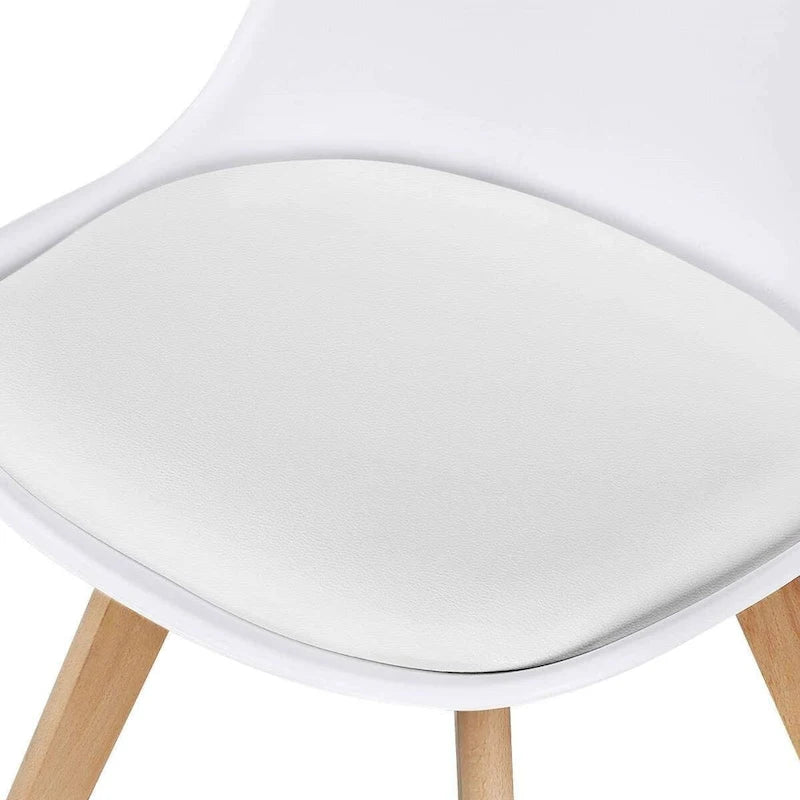 Lot de 4 chaises de salle à manger modernes blanches, dossier en coque, assise rembourrée en tissu, pieds en bois de hêtre - 48 cm L x 53 cm l x 81 cm H