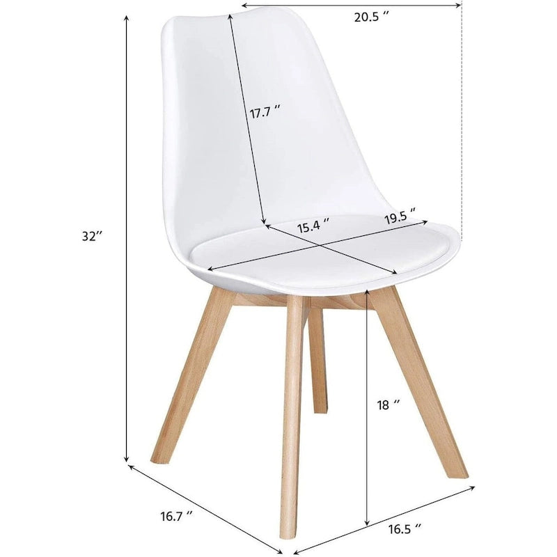 Lot de 4 chaises de salle à manger modernes blanches, dossier en coque, assise rembourrée en tissu, pieds en bois de hêtre - 48 cm L x 53 cm l x 81 cm H