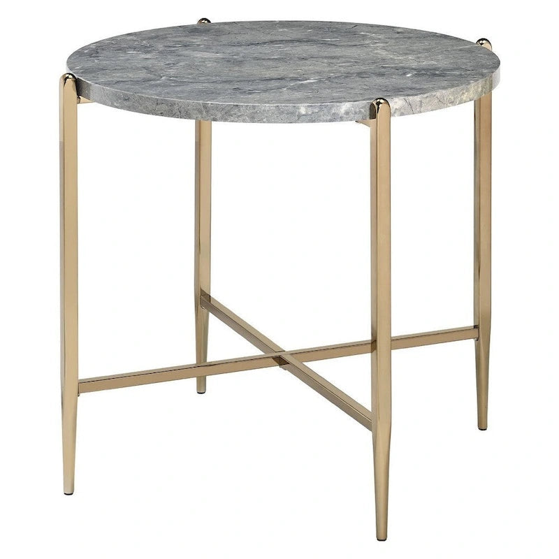 Table d'appoint avec plateau ovale en marbre et piètement en X - Gris et or - 66 L x 66 P x 60 H cm