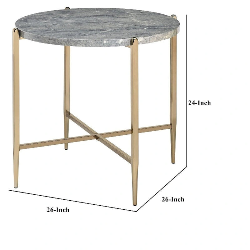 Table d'appoint avec plateau ovale en marbre et piètement en X - Gris et or - 66 L x 66 P x 60 H cm