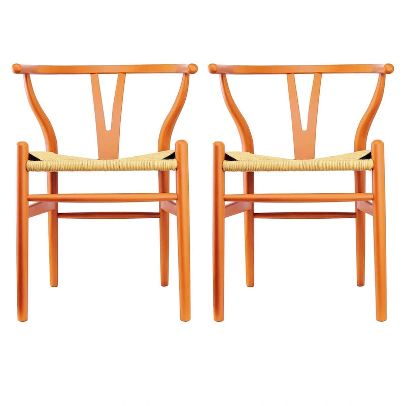 Lot de 2 Chaises de salle à manger modernes en bois naturel avec dossier en Y, accoudoirs, assise en chanvre pour la maison, le restaurant, le bureau, le travail, la cuisine