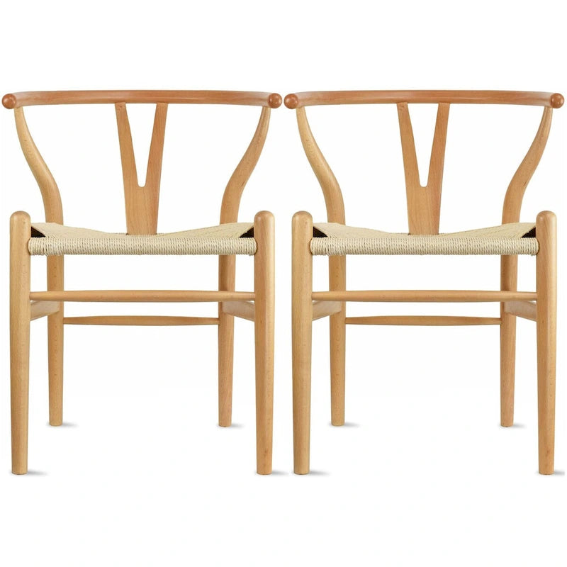Lot de 2 Chaises de salle à manger modernes en bois naturel avec dossier en Y, accoudoirs, assise en chanvre pour la maison, le restaurant, le bureau, le travail, la cuisine