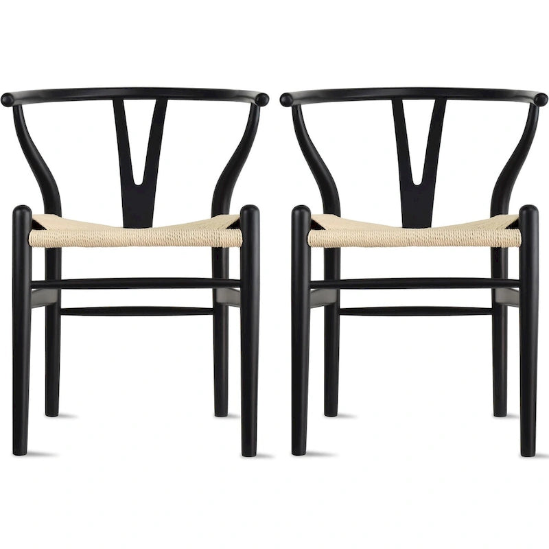 Lot de 2 Chaises de salle à manger modernes en bois naturel avec dossier en Y, accoudoirs, assise en chanvre pour la maison, le restaurant, le bureau, le travail, la cuisine