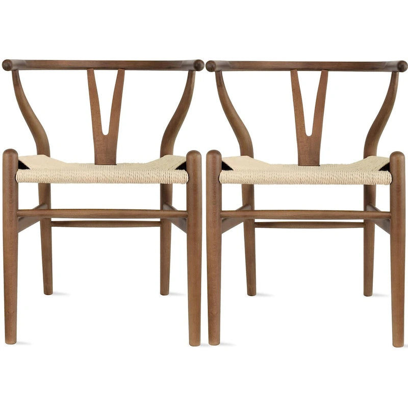 Lot de 2 Chaises de salle à manger modernes en bois naturel avec dossier en Y, accoudoirs, assise en chanvre pour la maison, le restaurant, le bureau, le travail, la cuisine