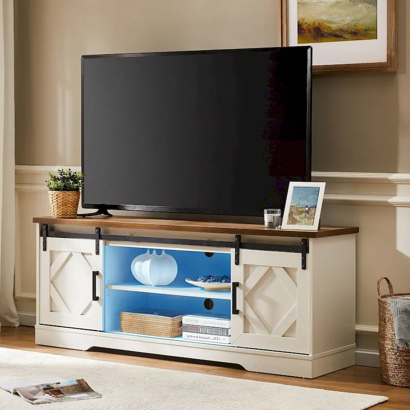 Meuble TV WAMPAT Farmhouse avec porte coulissante type « porte de grange »