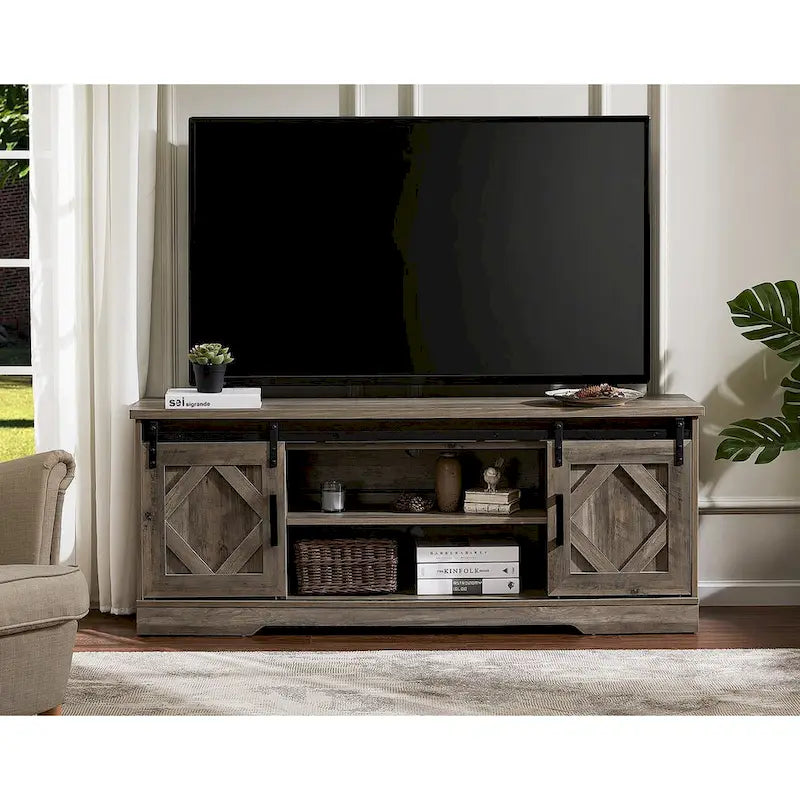 Meuble TV WAMPAT Farmhouse avec porte coulissante type « porte de grange »