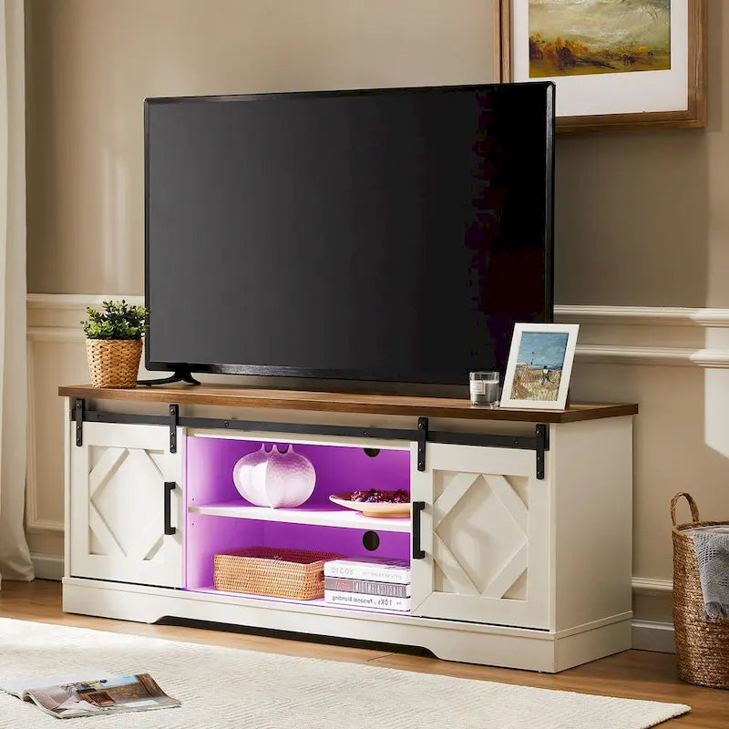 Meuble TV WAMPAT Farmhouse avec porte coulissante type « porte de grange »
