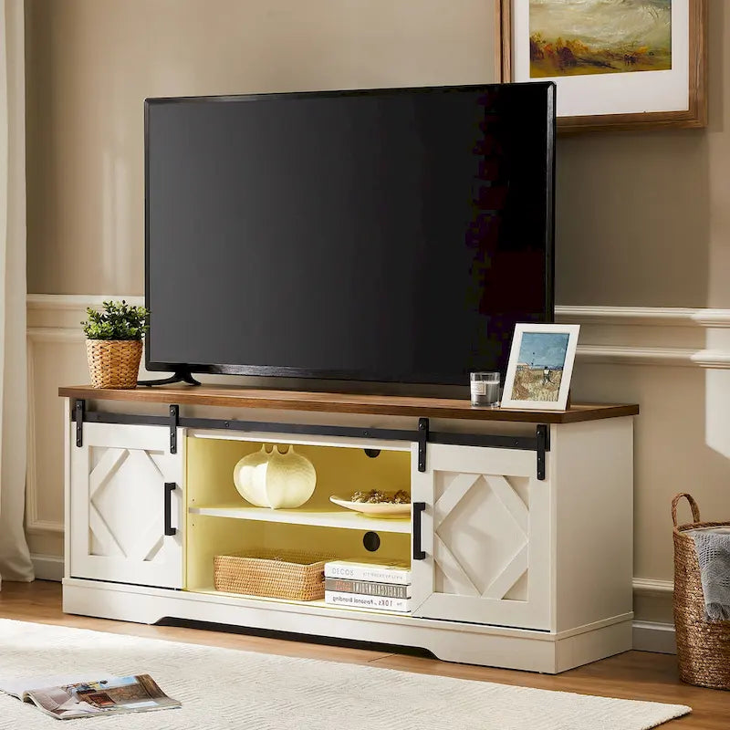 Meuble TV WAMPAT Farmhouse avec porte coulissante type « porte de grange »