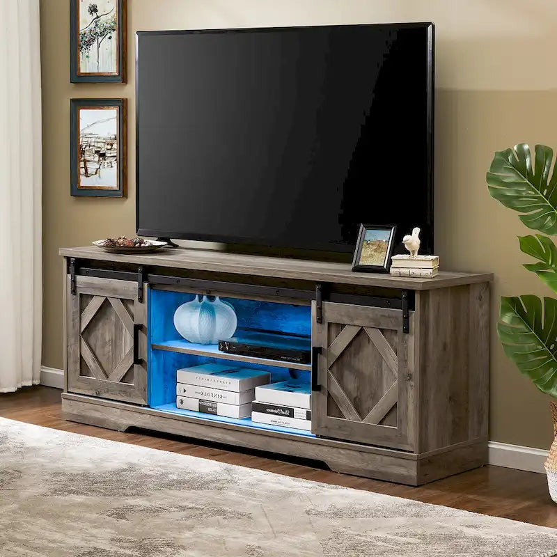Meuble TV WAMPAT Farmhouse avec porte coulissante type « porte de grange »