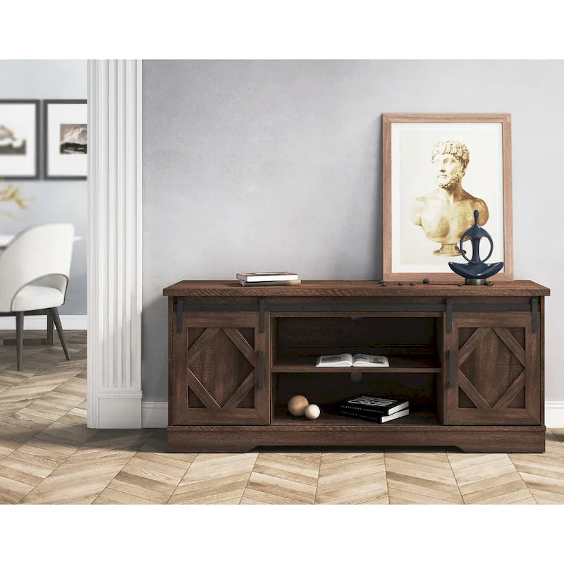 Meuble TV WAMPAT Farmhouse avec porte coulissante type « porte de grange »