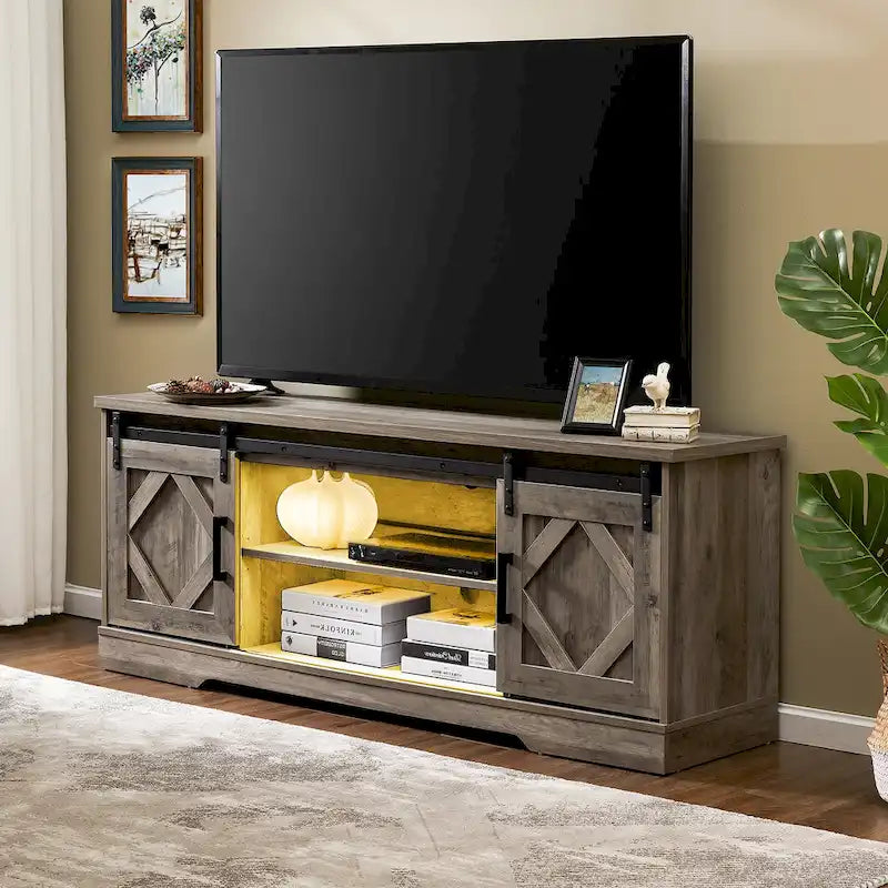 Meuble TV WAMPAT Farmhouse avec porte coulissante type « porte de grange »