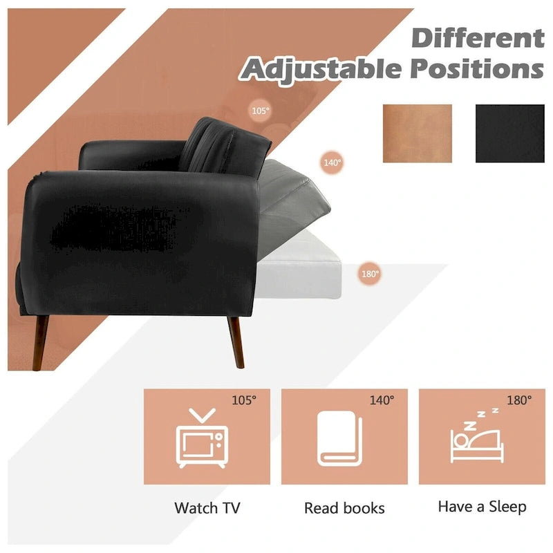 Canapé-lit futon convertible en cuir PU, canapé-lit réglable avec pieds en bois - 81 x 33,5 x 31,5 (L x l x H)