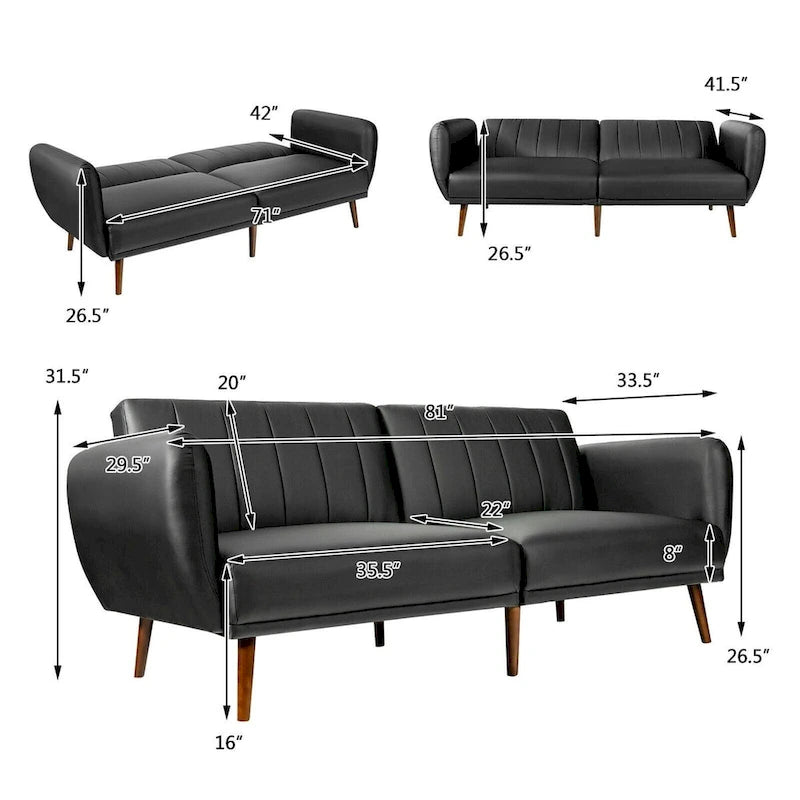 Canapé-lit futon convertible en cuir PU, canapé-lit réglable avec pieds en bois - 81 x 33,5 x 31,5 (L x l x H)