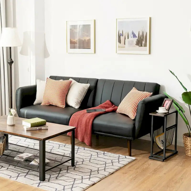 Canapé-lit futon convertible en cuir PU, canapé-lit réglable avec pieds en bois - 81 x 33,5 x 31,5 (L x l x H)