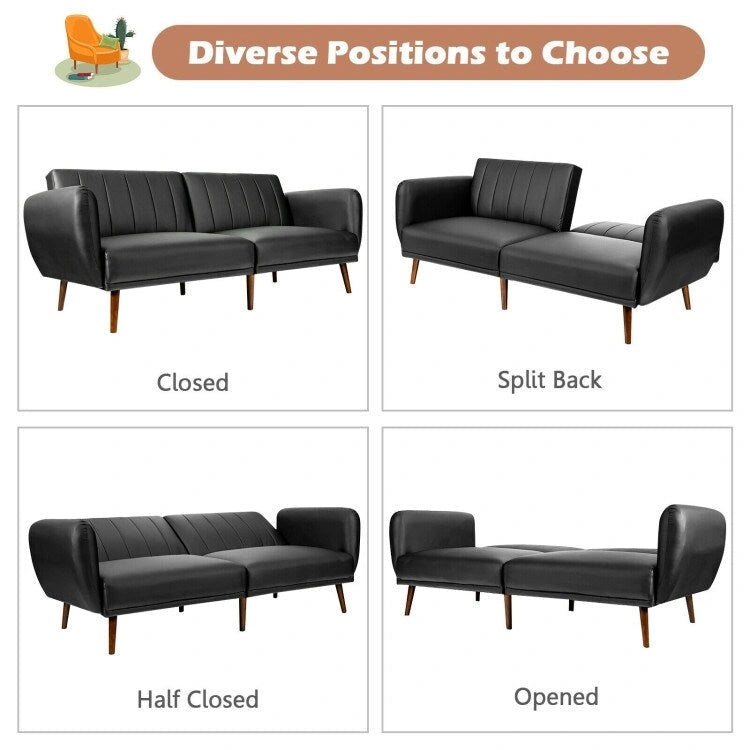Canapé-lit futon convertible en cuir PU, canapé-lit réglable avec pieds en bois - 81 x 33,5 x 31,5 (L x l x H)